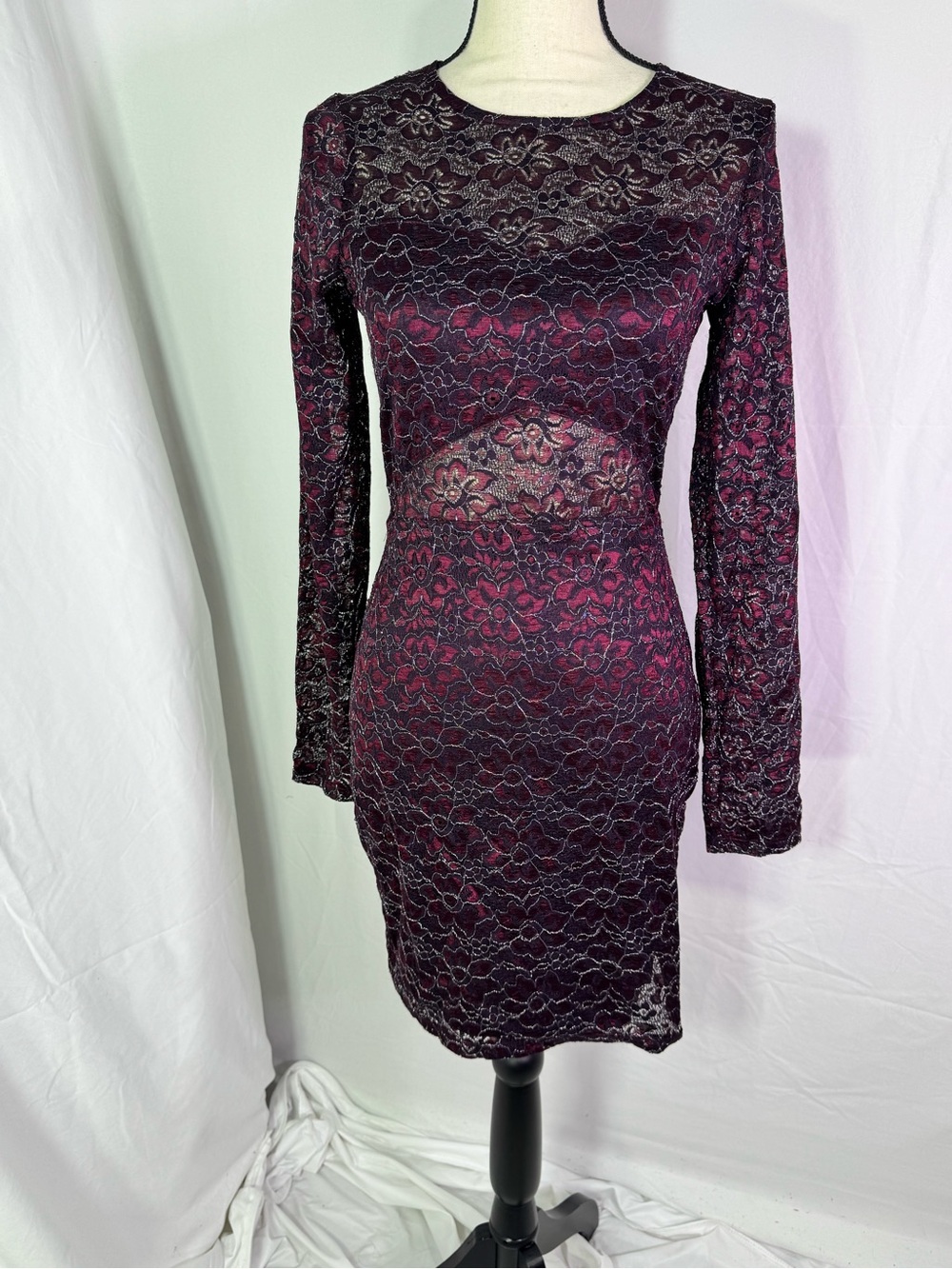 Vintage Express Lace Bodycon Dress Open Back Burgundy Goth Y2K Small